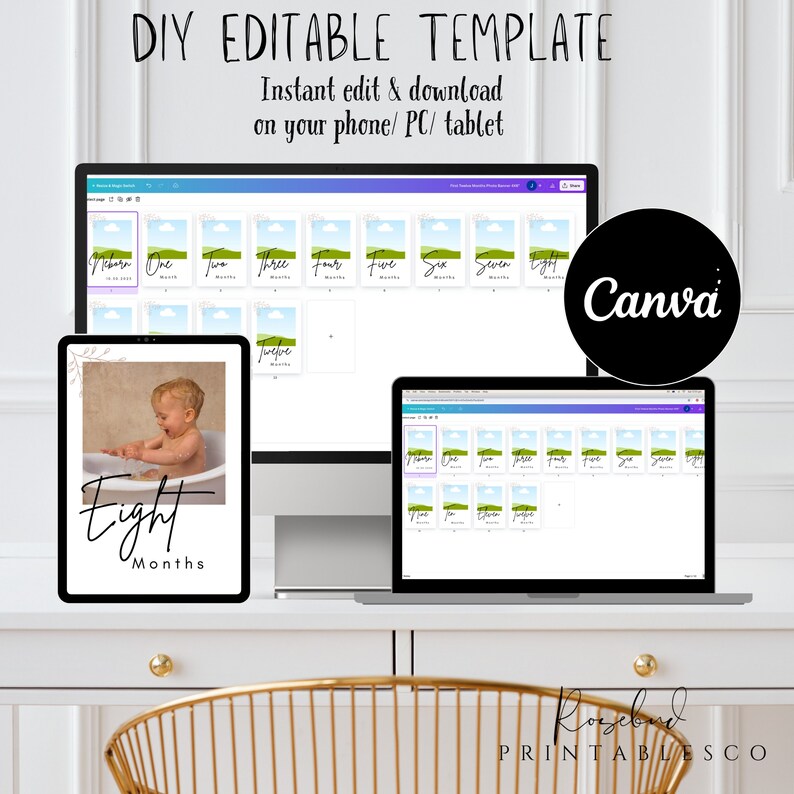 May include: A digital mockup of a Canva design template for a baby's monthly milestone photo cards. The template features a green field, a blue sky with white clouds, and a number in a handwritten font. The text "DIY EDITABLE TEMPLATE" and "Instant edit & download on your phone/PC/tablet" is displayed above the mockup. The text "Canva" is displayed in a black circle on the right side of the image. The text "Rosebud PRINTABLESCO" is displayed at the bottom of the image.