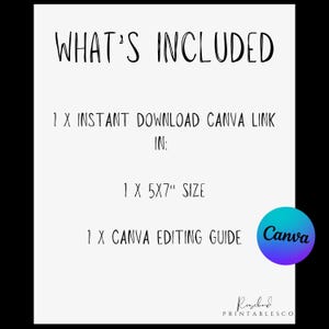 Pu&ograve; includere: Sfondo bianco con il testo "WHAT'S INCLUDED" in alto. Sotto, elenca "1 X INSTANT DOWNLOAD CANVA LINK IN: 1 X 5x7" SIZE 1 X CANVA EDITING GUIDE". Un logo Canva blu e viola si trova in basso a destra.