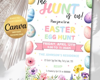 The hunt is on Easter Egg Hunt Invite, Easter Party Invitation, Easter Bunny Invite, Easter Egg Brunch Invite, Editable Pastel Easter Rabbit