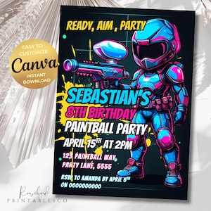 Editable Paintball Invitation, Boys Paintball Birthday Invite, Neon Paintball Invite, Paintball Adventure, Action Theme, Neon Glow Paintball