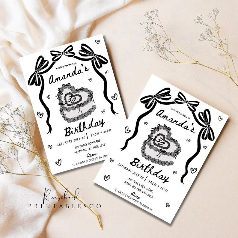 May include: Black and white printable birthday invitation featuring a heart-shaped cake and bows. The invitation reads "You're invited to Amanda's Birthday" and includes the date, time, and location of the party. RSVP to Amanda by 8th July.