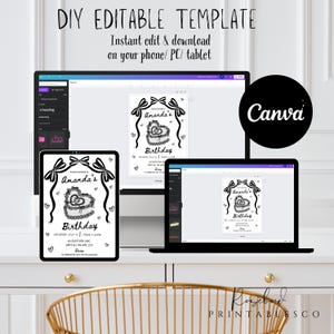 May include: A black and white printable birthday invitation template for Canva. The template features a heart-shaped cake with a bow and the text "Amanda's Birthday".