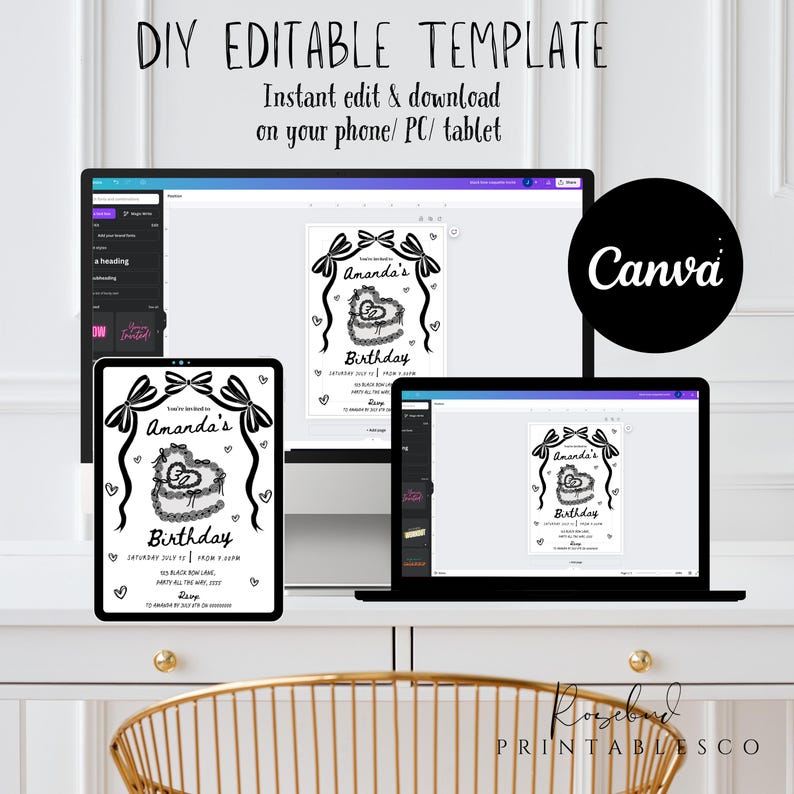 May include: A black and white printable birthday invitation template for Canva. The template features a heart-shaped cake with a bow and the text "Amanda's Birthday".
