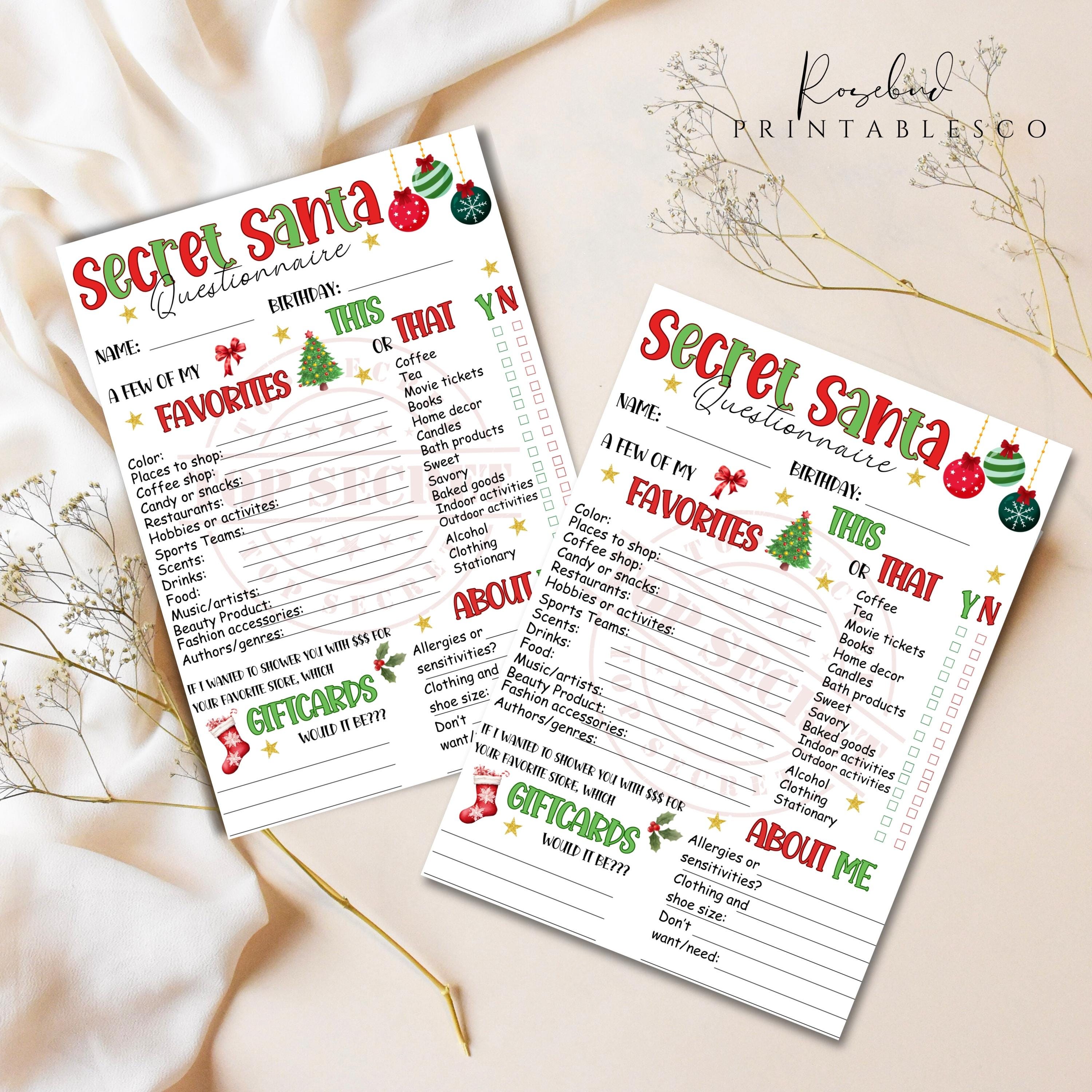 Secret Santa Friends Questionnaire.pdf Festive Christmas Secret Santa Questionnaire Printable Christmas Gift ...