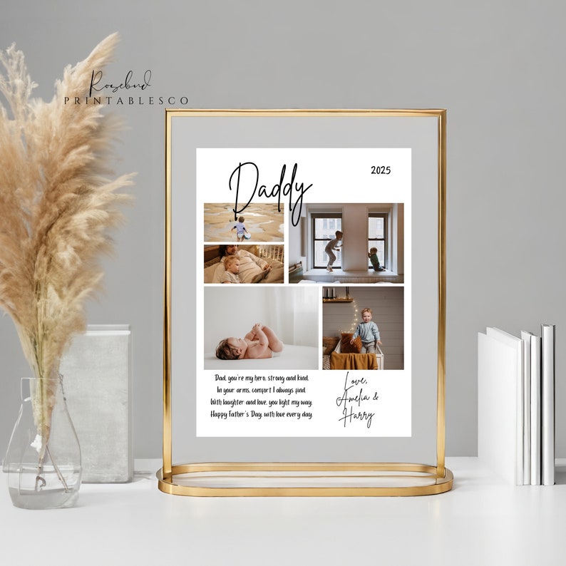 Puede incluir: Una tarjeta del D&iacute;a del Padre imprimible con un collage de fotos de un padre y sus hijos. La tarjeta tiene el texto "Daddy" y "2025" en la parte superior. El texto debajo de las fotos dice "Dad you're my hero, strong and kind, in your arms, comfort I always find. With laughter and love, you light my way. Happy Father's Day with love every day." La tarjeta tambi&eacute;n tiene el texto "Love, Amelia & Harry" en la parte inferior.