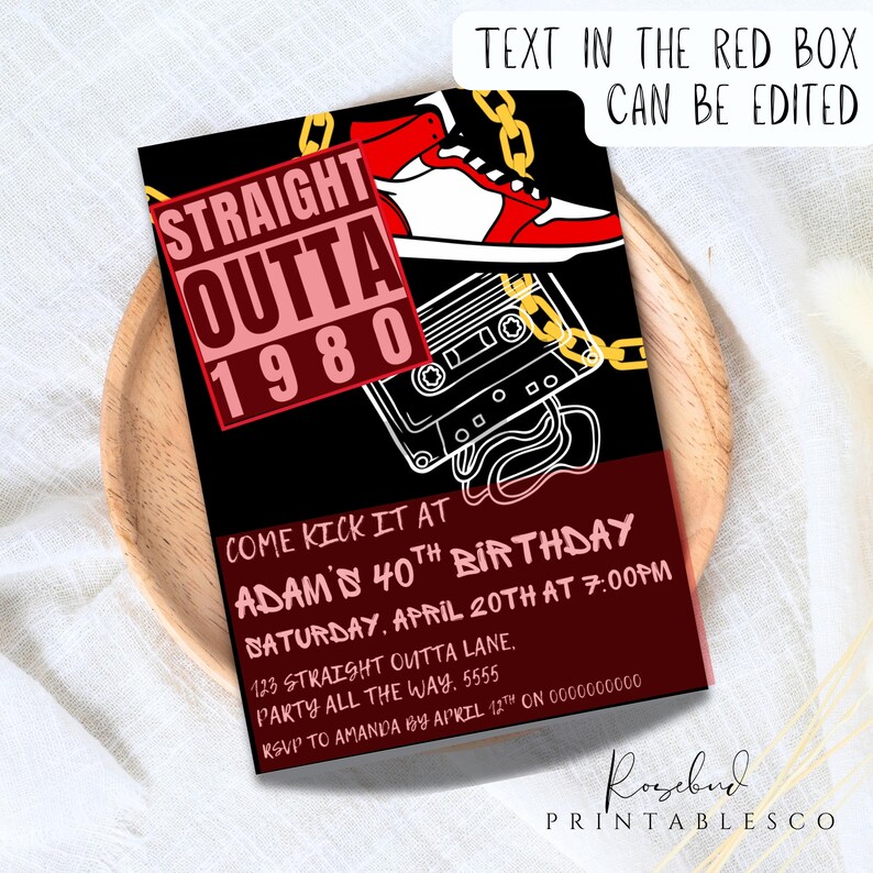 K&ouml;nnte beinhalten: Eine rote und schwarze Geburtstagseinladung mit einem Kassettenrekorder und einem rot-wei&szlig;en Turnschuh. Der Text lautet "Straight Outta 1980" und "Come Kick It At Adam's 40th Birthday Saturday, April 20th at 7:00pm 123 Straight Outta Lane. Party All The Way. 5555 RSVP to Amanda by April 12th on 0000000000".