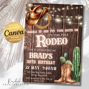 Puede incluir: Un fondo de madera rústico con un sombrero de vaquero, un lazo y un cactus. El texto dice "Saddle Up and Put Your Boots On, It's Time for a Rodeo, Join Us in Celebrating Brad's 30th Birthday, 22 May 9:00 AM, 123 Cow Boy Party Lane, Party Way, 5555, RSVP to Amanda by 15th May on 0000000000".