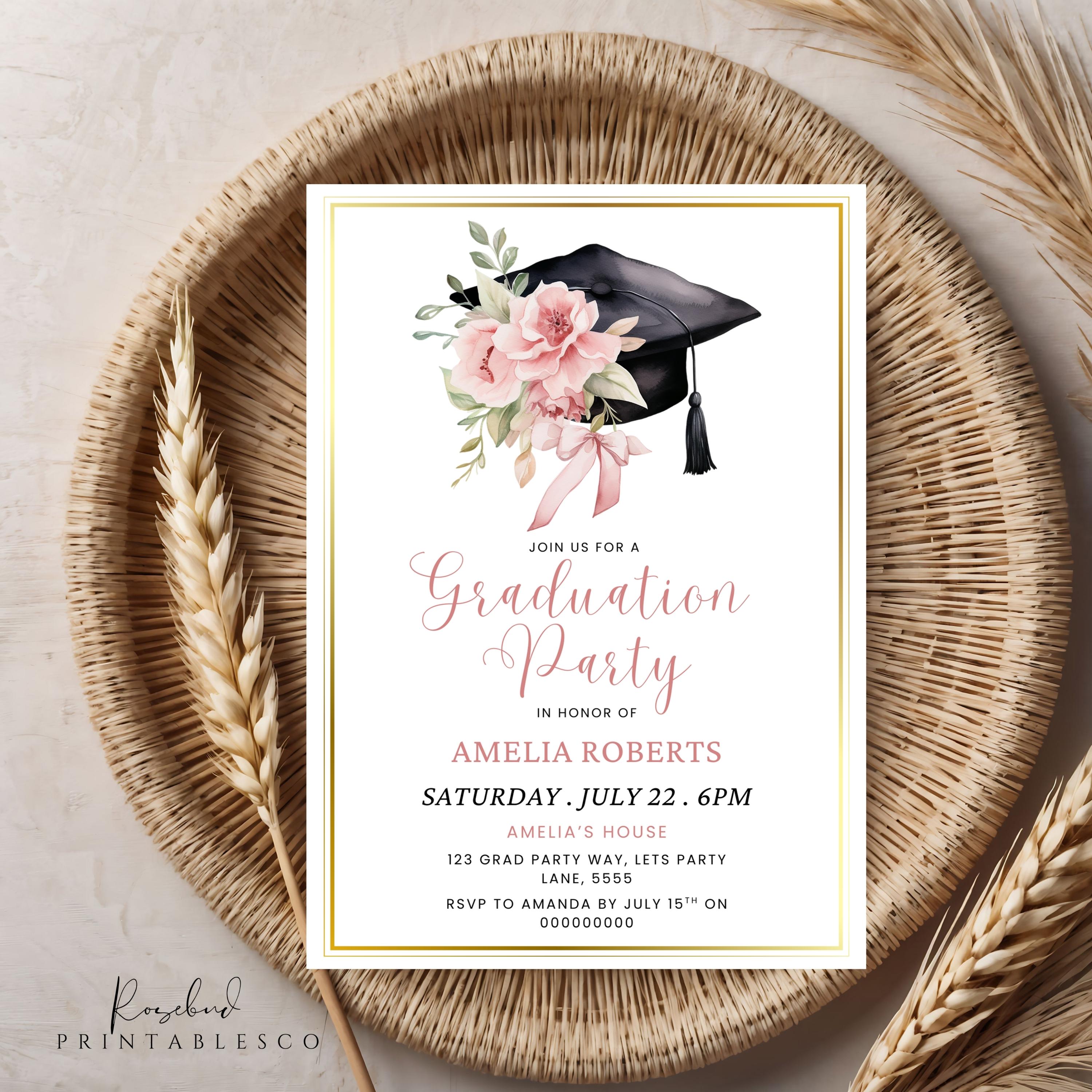 Pink Grad Invite Template Floral College Graduation Invitation, Pink Flowers Grad Party Invite ...