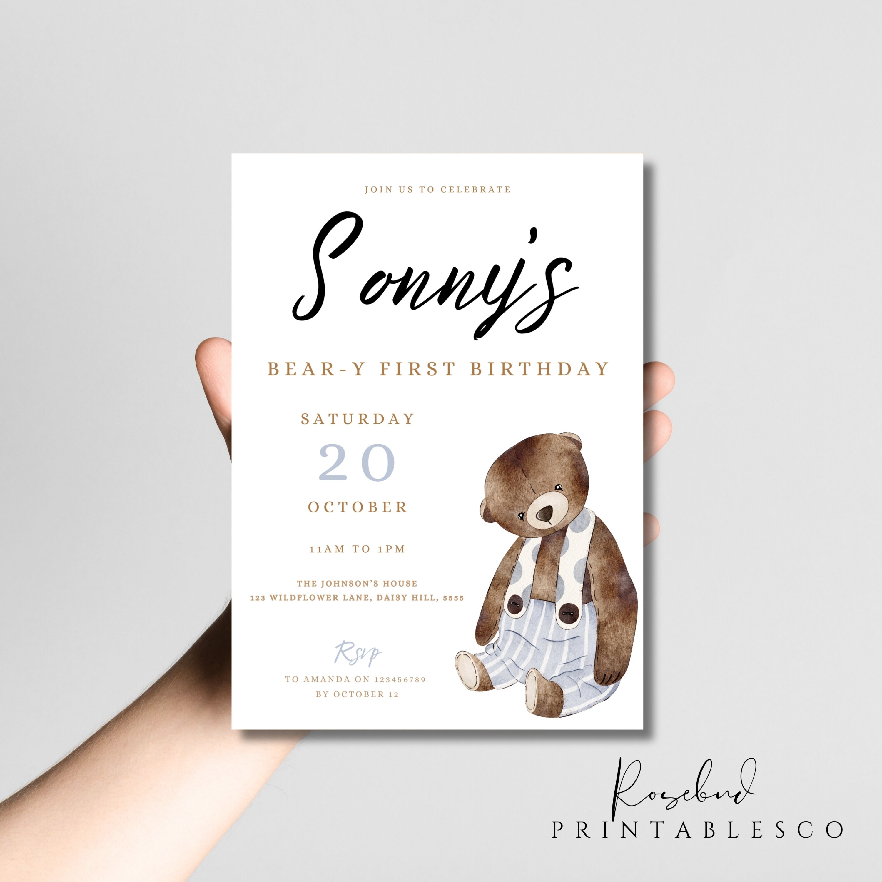 Teddy Bear Birthday Invitation Beary First Birthday Party Invite Boy ...