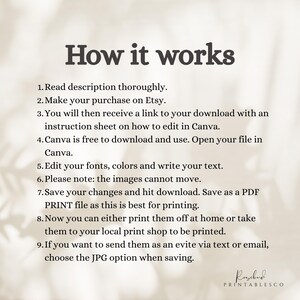 May include: A beige graphic with the title "How it works" and numbered steps explaining how to edit a file in Canva, including instructions to download, edit fonts and colors, and save as a PDF for printing.