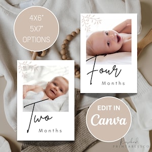May include: Two printable baby milestone cards with a white background and a floral design. The cards feature a baby photo and the text "Two Months" and "Four Months". The cards are designed to be edited in Canva.