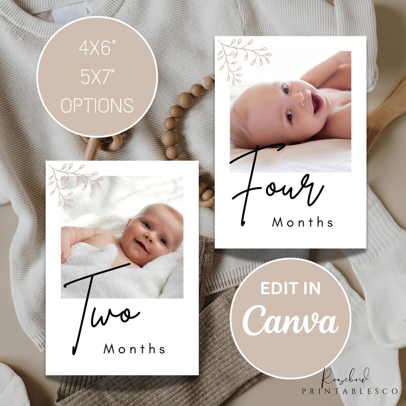 May include: Two printable baby milestone cards with a white background and a floral design. The cards feature a baby photo and the text "Two Months" and "Four Months". The cards are designed to be edited in Canva.