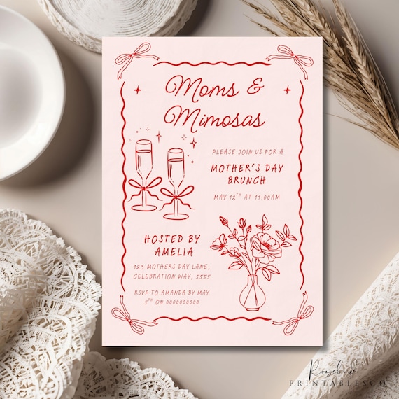 Mother's Day Brunch Invitation Template, Coquette Moms and Mimosas Party Invite, Hand Drawn Mother's Day Breakfast Invite, Moms Day Lunch