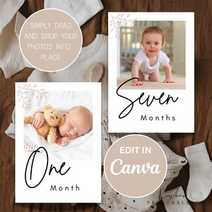 May include: Two printable baby milestone cards with a white background and brown floral accents. The cards feature a baby in a photo and the text "One Month" and "Seven Months". The text "Edit in Canva" is on a brown circle.