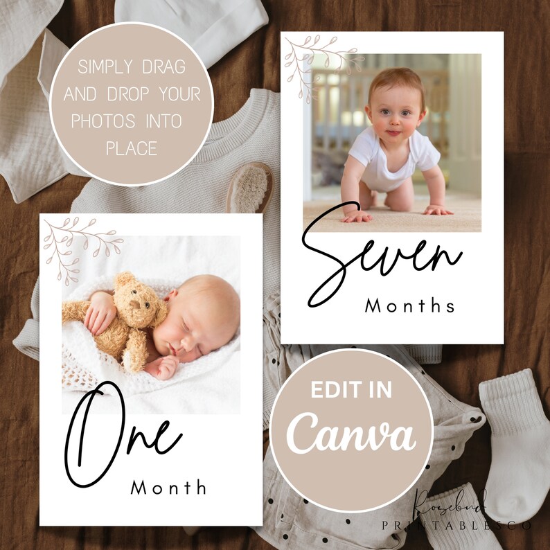 May include: Two printable baby milestone cards with a white background and brown floral accents. The cards feature a baby in a photo and the text "One Month" and "Seven Months". The text "Edit in Canva" is on a brown circle.