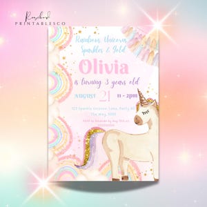 Unicorn Birthday Invitation Pastel Unicorn Rainbow Unicorn Sparkles and ...