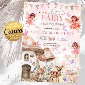 Fairy First Birthday Invitation, Fairy Girl Birthday Invite, Enchanted Birthday Invitation, Whimsical Birthday Girl Digital Download, Canva