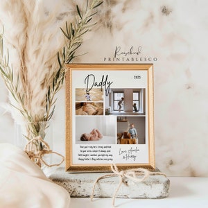 Puede incluir: Un collage de fotos enmarcado con un marco dorado y un fondo blanco. El collage presenta cuatro fotos de una familia con un beb&eacute;, un ni&ntilde;o peque&ntilde;o y un ni&ntilde;o joven. El texto "Daddy" est&aacute; escrito en cursiva negra en la parte superior del collage. El texto "2025" est&aacute; escrito en negro debajo de la palabra "Daddy". El texto "Dad you're my hero, strong and kind, be your arms, comfort I always find, with laughter and love you light my way, Happy Father's Day with love every day" est&aacute; escrito en negro debajo de las fotos. El texto "Love Amelia & Harry" est&aacute; escrito en negro en la parte inferior del collage.