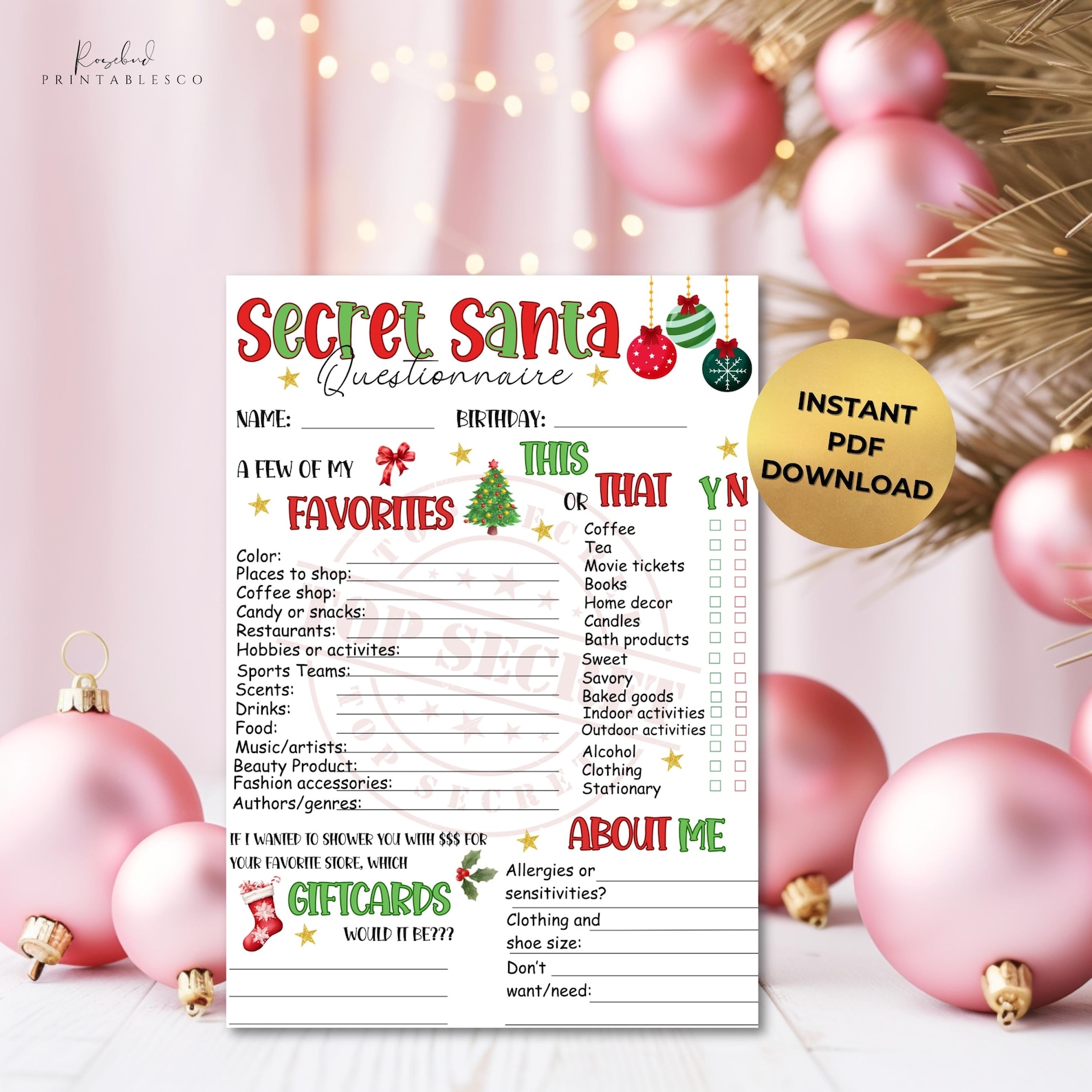 Secret Santa Friends Questionnaire.pdf Festive Christmas Secret Santa Questionnaire Printable Christmas Gift ...