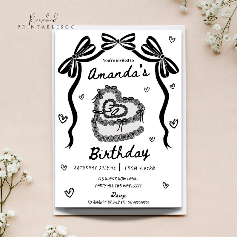 May include: Black and white birthday party invitation featuring a heart-shaped cake and the text "You're invited to Amanda's Birthday" with party details.