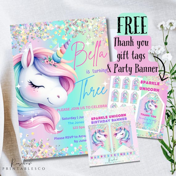 Unicorn Birthday Invitation Pastel Rainbow Party Invite Sparkle Invitation Download Printable Canva Template Girls Invitation