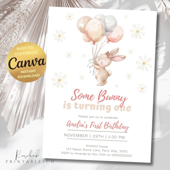 Some Bunny is One Invitation, Daisy Bunny 1st Birthday Invite, Rabbit Balloon Pastel Birthday Party Invitation, Water Color Girl Butterflies