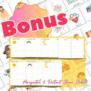 May include: A printable chore chart for kids with a yellow background and colorful illustrations. The chart includes sections for morning, afternoon, and evening routines. The chart is designed to be used in both horizontal and portrait orientations.