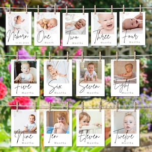May include: Twelve printable cards with a white background and floral accents. Each card features a different number from one to twelve, with the word "Months" written below. The cards are designed for a baby's first year photo shoot.