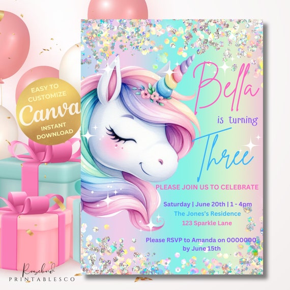 Unicorn Birthday Invitation Pastel Rainbow Party Invite Sparkle Invitation Download Printable Canva Template Girls Invitation