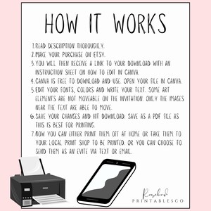 May include: A pink background with the text "HOW IT WORKS" in black. Instructions detail how to download, edit, and print a file. A printer and smartphone are illustrated at the bottom. The Rosebud Printables Co. logo is in the bottom right corner.