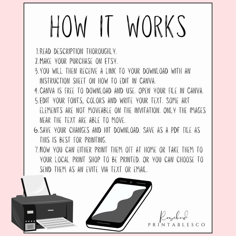 May include: A pink background with the text "HOW IT WORKS" in black. Instructions detail how to download, edit, and print a file. A printer and smartphone are illustrated at the bottom. The Rosebud Printables Co. logo is in the bottom right corner.