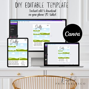 Puede incluir: Una maqueta digital de una plantilla de tarjeta del D&iacute;a del Padre imprimible en una pantalla de computadora y una tableta. La plantilla presenta un paisaje verde y azul con el texto "Daddy" y "2025". El texto "Love Amelia & Harry" tambi&eacute;n est&aacute; incluido en la plantilla.