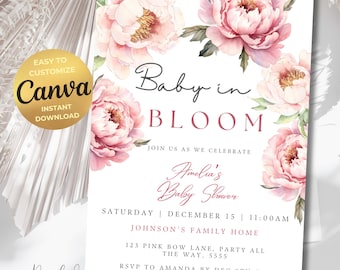 Baby in Bloom Baby Shower Invite Elegant Pink Peonies Floral Coquette Baby Girl Our Little Wildflower Invite Pink White Flowers Canva Edit