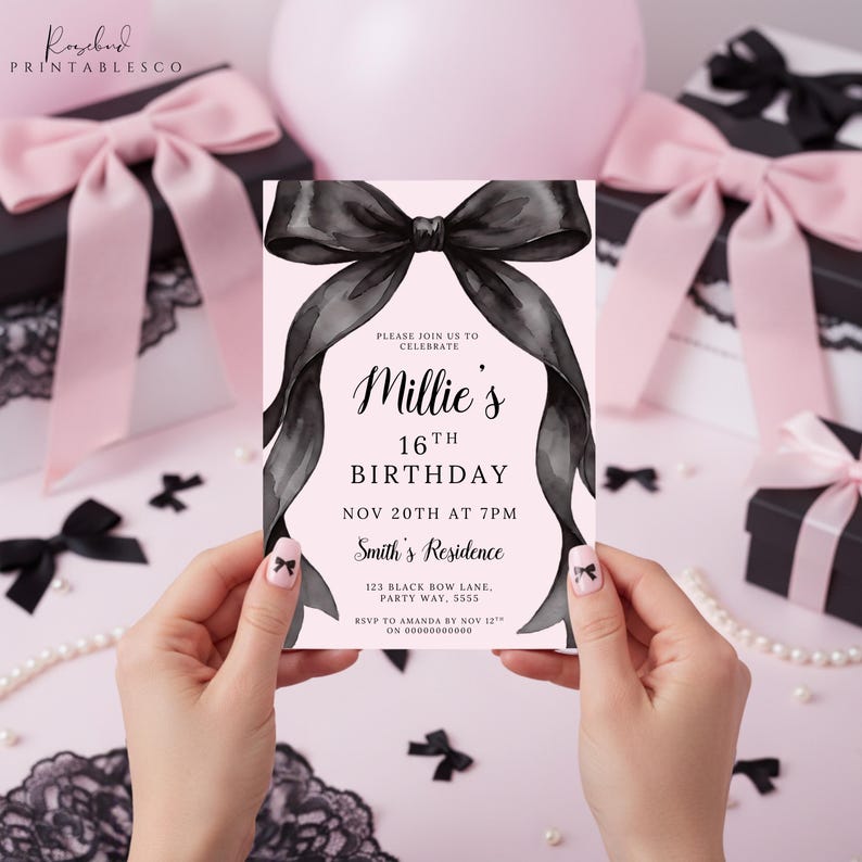 May include: A pink invitation with a black ribbon design, announcing Millie's 16th birthday. The invitation includes the date, time, and location: Smith's Residence. Additional decorative elements include black bows and pink gift boxes.