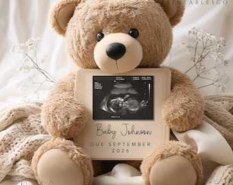 Digital Baby Reveal Neutral Minimalist Teddy Bear Pregnancy Announcement Cozy Baby Announcement Social Media Editable Canva Template
