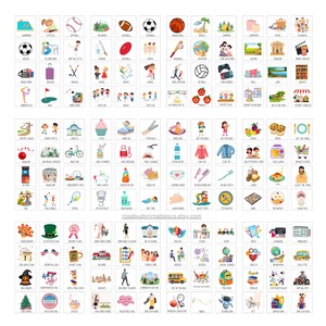 May include: A set of 72 colorful illustrated cards with various activities and events. The cards feature simple line drawings and text labels. Some examples include "Swim", "Play in the Park", "Dance", "Bake", "Wash Face", "Go to School", "Family Time", "Physical Education", and "Music".