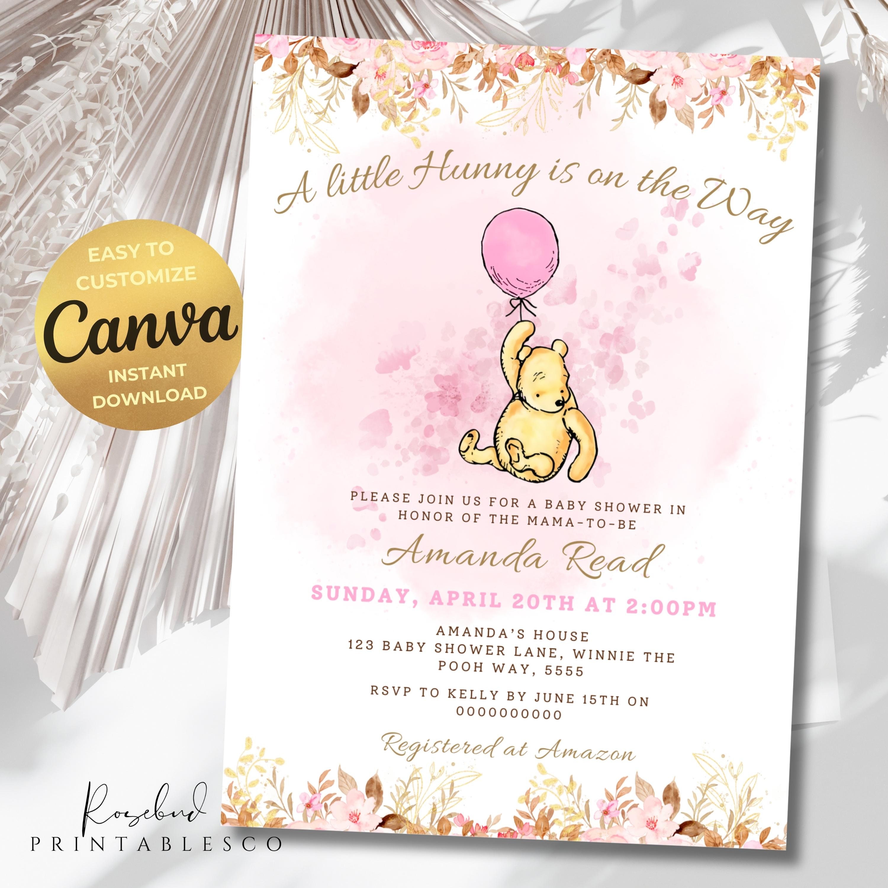 Winnie-the-pooh A Little Hunny is on the Way BABY SHOWER Invitation Classic Pooh Bear Baby Shower Invite Pink Leaves Gold Baby Shower Canva