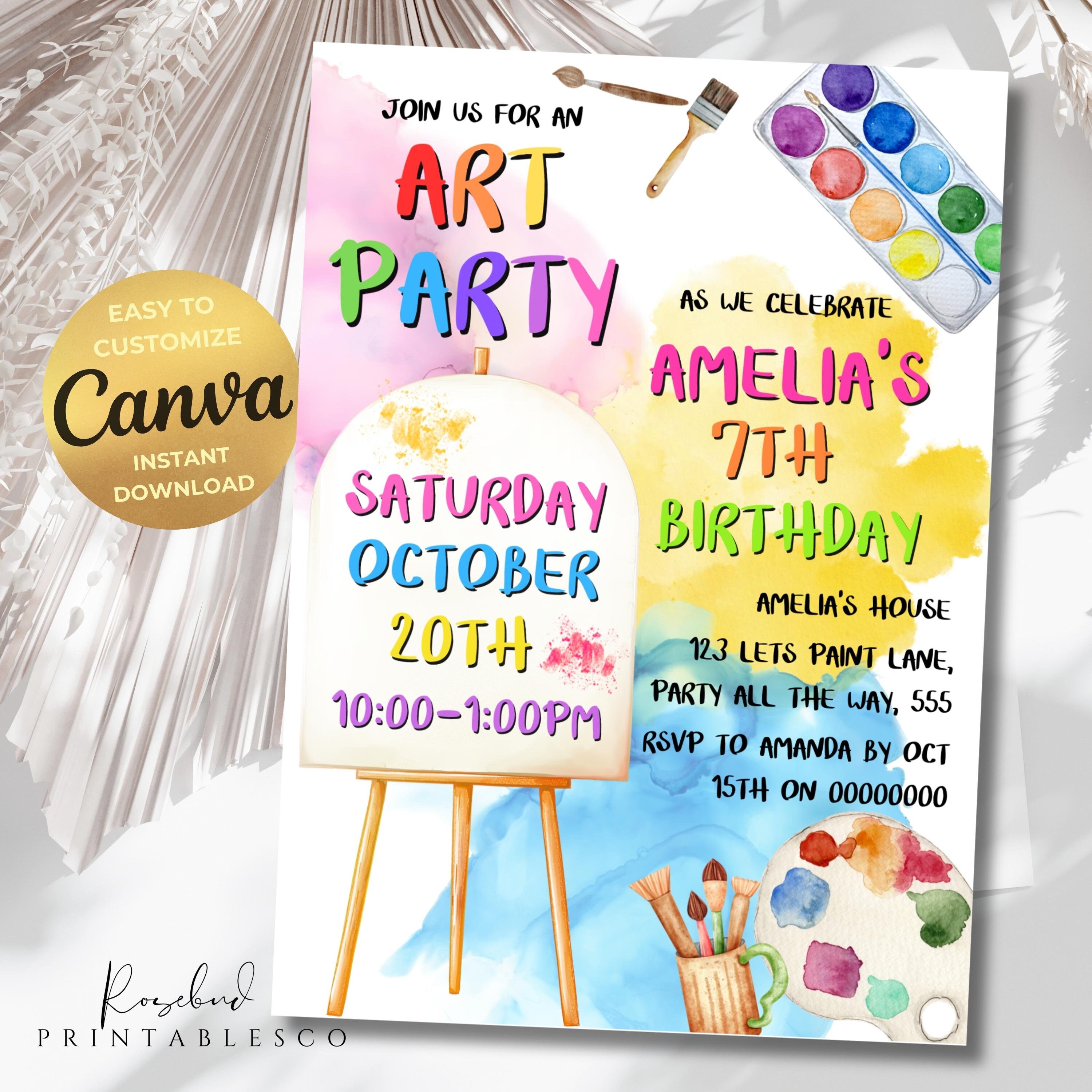 Art Birthday Party Invitation, Lets Paint Birthday Party Invite, Art Painting Artist Birthday, Paint and Sip Invite, Art Class Invite, Canva
