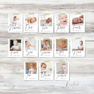 Modello di banner fotografico per il primo compleanno. Carte cardine mensili modificabili per il 1° anno del bambino. Banner fotografico di 12 mesi. Stampa ghirlanda fotografica minimalista.