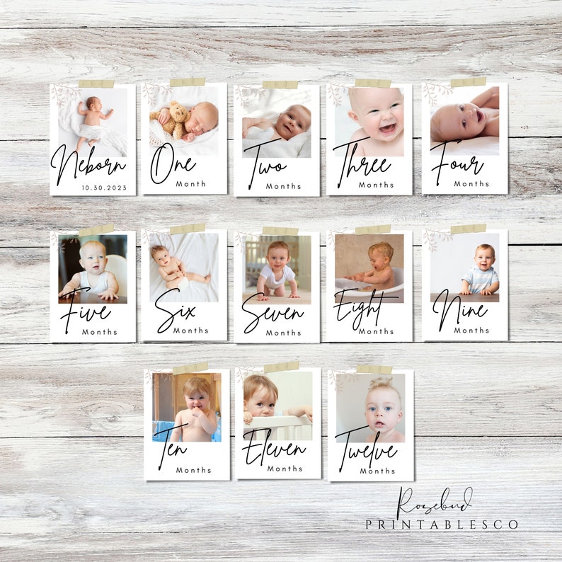 May include: Twelve printable cards with photos of a baby at different ages, from newborn to twelve months. Each card features a white background with a simple black border and the baby's age in months written in cursive.