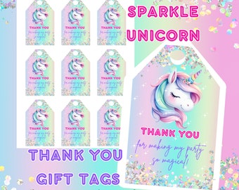 Puede incluir: Nueve etiquetas de regalo de agradecimiento imprimibles con un fondo brillante y una ilustración de unicornio. El texto en las etiquetas dice "¡Gracias por hacer que mi fiesta sea tan mágica!" y "Etiquetas de regalo de agradecimiento Unicornio brillante".