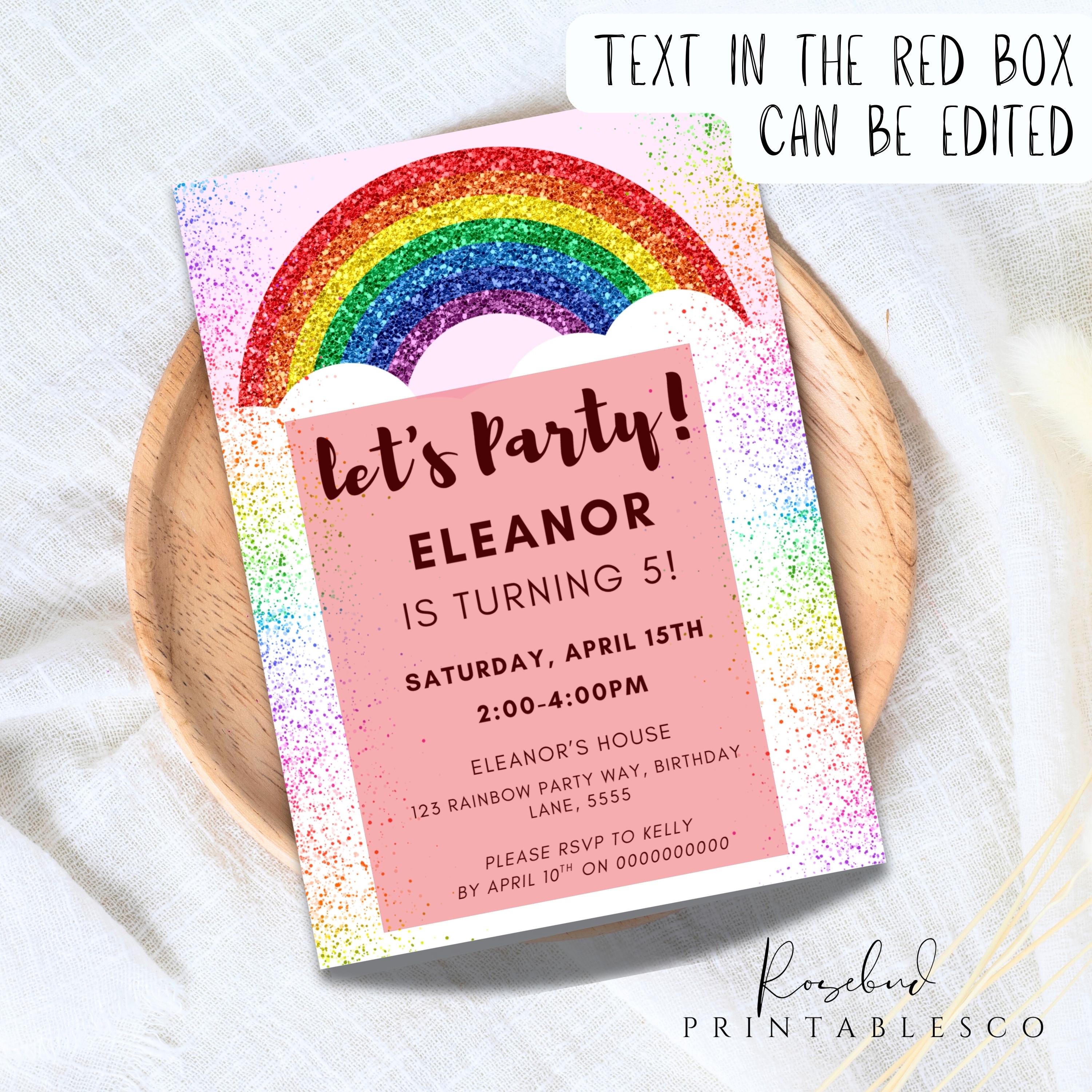 Rainbow Glitter Birthday Party Invitation Template, Colorful Glitter ...