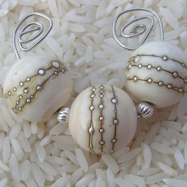 HowFunIsThat - 3 Handmade Lampwork Beads - Ivory Dots - Free Shipping to US and Canada