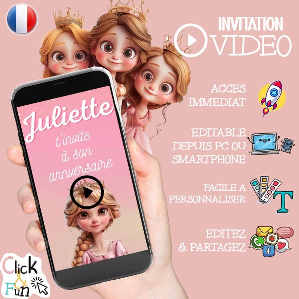 Invitation vidéo anniversaire Princesses, invitation d'anniversaire enfant pour fille, invitation originale anniversaire - français