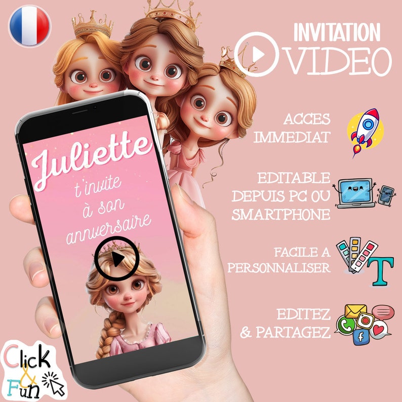 Invitation vidéo anniversaire Princesses, invitation d'anniversaire enfant pour fille, invitation originale anniversaire français image 1