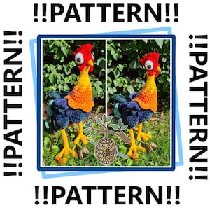 May include: Crochet pattern for a rooster amigurumi toy. The rooster is orange, yellow, and blue with a red comb and wattle. The pattern is available for download.