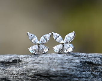 Butterfly Stud Earrings: Platinum Plated 925 Silver, Cubic Zirconia
