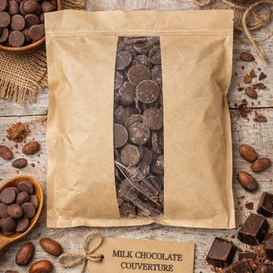 May include: A kraft paper bag with a clear window filled with milk chocolate couverture discs. The image also shows chocolate chips in a wooden bowl, cocoa powder, cocoa nibs, and chocolate squares. A tag reads "Milk Chocolate Couverture."
