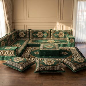 Green Corner Majlis Set, L Shape Floor Couch, Bohemian Pallet Sofa Cushion, Custom Size Arabic Seating, Low Seating Couch