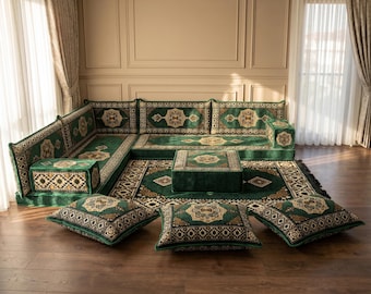 Set Majlis angolare verde, divano a L da pavimento, cuscino per divano in stile boho con pallet, sedute arabe su misura, divano basso